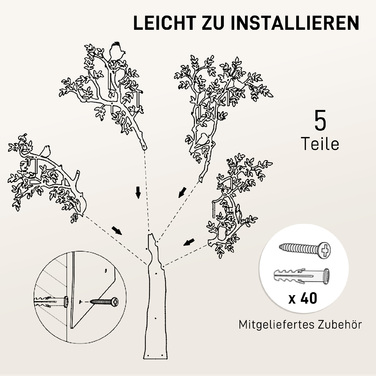 HOMCOM Coat Rack Wall-Mounted Coat Rack in Tree Shape with 4 Birds, 8 Hooks Coat Rail, Wall Decoration for Jackets, Coats, Hats, Scarves, Handbags, 120 x 175 cm, Black | Aosom