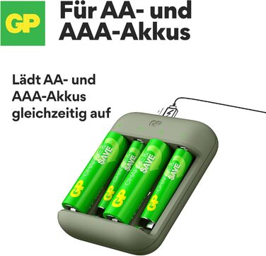 Зарядний пристрій GP Charge&Save для батарейок AA AAA з USB-C, 4 слоти, швидка зарядка, LED-індикатор, компактний дизайн
