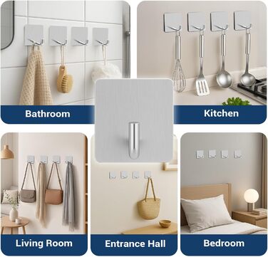 Набір гачків для рушників без свердління 6 шт. з нержавіючої сталі для ванної кімнати та кухні, самоклеючі, до 10 кг, вологостійкі, срібні