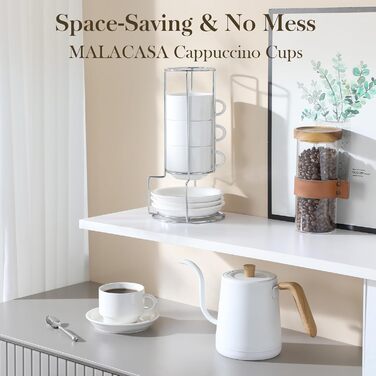 Набір чашок еспресо MALACASA 4 шт., 75 мл, з підставками та стійкою, 240 мл, біле порцелянове, для еспресо, Regular