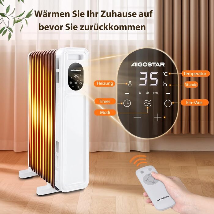 Електричний масляний радіатор Aigostar Snug 2500W з пультом керування, 13 ребер, термостат, 3 режими, ECO, таймер 24г, LED, захист від перекидання та перегріву