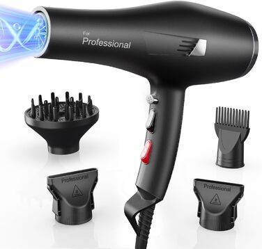Dekuri Professional Ionic Hair Dryer with Diffuser & Styling Nozzles - 3 Heat & 2 Speed Settings, 2.5m Cord - Powerful Hair Dryer for Family Use (Black)