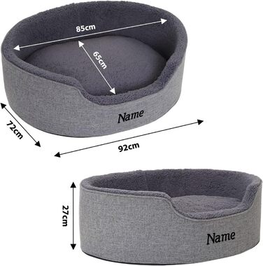 Lionto Dog Bed with Reversible Cushion and Washable Cover, Stable Dog Basket with Anti-Slip Studs, 92x72 cm, Cozy Pet Bed for Dogs and Cats with Plush, (Grey, L 92 x W 72 x H 27 cm (with name tag))
