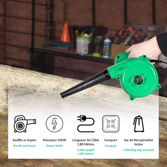 Fishtec - Mini Leaf Blower Electric - Reversible to Vacuum with Collection Bag - Cable Length 180 cm - 500 W - 40 cm - Green - Compact, Practical and Lightweight - Garden