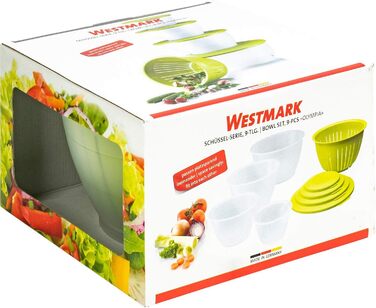 Набір мисок Westmark Olympia, 9 предметів: 4 пластикові миски з кришками та друшляком, BPA-free, прозорі/зелені, об'ємом 0,6/1,3/2,5/4,4 л