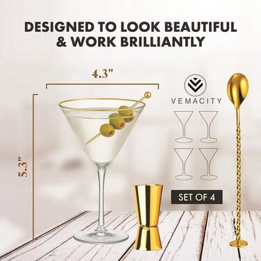 Набір келихів для еспресо-мартіні Vemacity Elegante (4 шт.) | Келихи для коктейлів ручної роботи | Келихи для шампанського, маргарити та коктейлів | Елегантні келихи для мартіні | Ідеальний подарунок (4 класичних келихи з рифленням + золотий аксесуар)