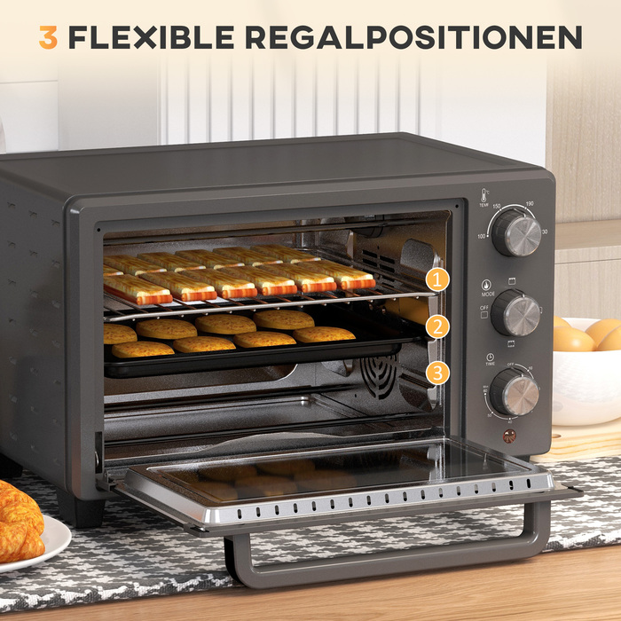 HOMCOM 21L Mini Oven 1400W 60 Min. Timer, Small Oven with Adjustable Temperature 100°C-230°C Baking Time, Mini Oven with Baking Tray, Wire Rack, Stainless Steel Table Oven, Grey | Aosom