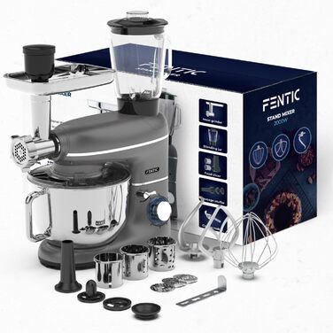 Кухонна машина Fentic 6-в-1 з м'ясорубкою, 1,5л соковитискачем, подрібнювачем овочів та ін. – 2000W, містка чаша 6,2л, набір насадок (антрацит)