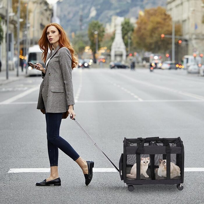 Транспортна переноска для котів та собак з подвійним відділенням, знімною перегородкою та колесами, чорна, L