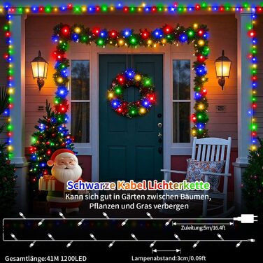 Гірлянда світлодіодна для декорування приміщень та вулиці, 36 метрів, 1200 LED, 8 режимів, таймер, чорний кабель, IP44, тепле світло, для балкона, саду, вечірки, весілля