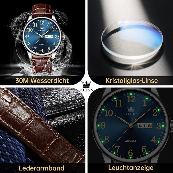 Чоловічий годинник OLEVS з нержавіючої сталі, кварцовий, аналоговий, класичний, бізнес-стиль, водонепроникний, з підсвічуванням, з датою, на шкіряному ремінці (A2 - синій циферблат/коричневий ремінь)