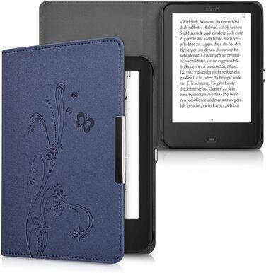 Чохол-книжка kwmobile для Tolino Shine 2 HD - Чохол для електронного читача з квітковим принтом (підрісники, метелики) білий/чорний/темно-синій