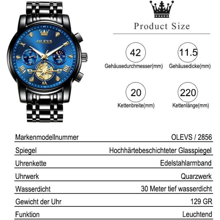 Годинник чоловічий OLEVS з металевим браслетом, кварцовий, з місячною фазою, хронограф, водостійкий, з нержавіючої сталі (2856 Blue / Black)