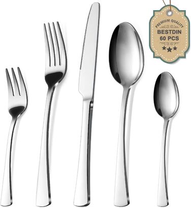 Bestdin Cutlery Set 12 People, 60-Piece Stainless Steel Cutlery Set, Dining Cutlery Set with Knife Fork Spoon, High-Quality Stainless Steel Cutlery, Dishwasher Safe. Silver Polished 60 Piece 60 Piece