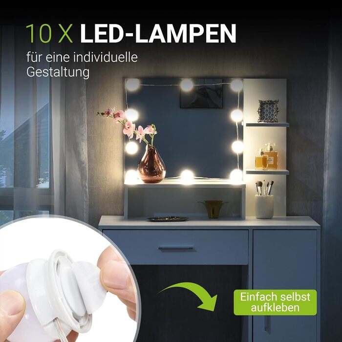 Туалетний столик Juskys Zoey з LED підсвіткою, дзеркалом, шухлядою, 3 відділеннями та шафкою, 90x38x137 см, білий, дерев'яний косметичний стіл