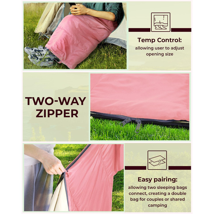 Ohuhu Lightweight Sleeping Bag - Compact & Ultralight (900g) Summer Sleeping Bag for Camping, Travel, Festivals (Pink)