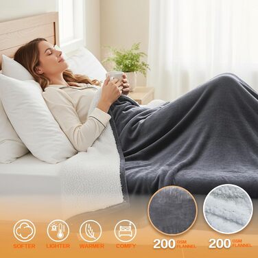 Електрична ковдра з підігрівом 130x180 см з автовимкненням, 10 температурних режимів, таймером, захистом від перегріву, пральна машина, фланелева ковдра для ліжка, дивана та офісу (світло-сіра, 130 x 180 см)