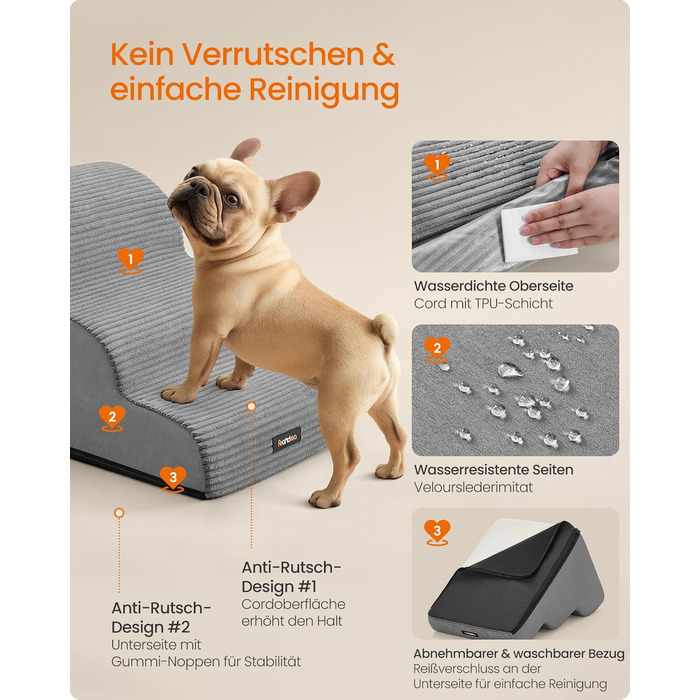 Сходи для собак Feandrea, 3 сходинки, для маленьких собак, котів, водонепроникні, з неслизьким покриттям, знімний чохол, сірий PPS003G01