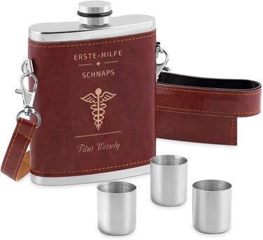 Термос Maverton з гравіюванням, 250 мл, з нержавіючої сталі, 3x10 мл піпетки, шкіряне етикетування з ремінцем, подарунок на день народження та інше, срібно-коричневий, для надання першої допомоги