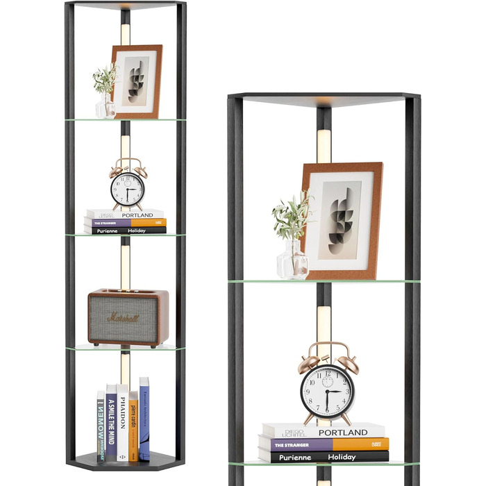 Стійка лампа EDISHINE з 4 полицями з дерева, LED диммер, 3 колірні температури, поворотний світловий маніпулятор, підсвічування полиць, футовий вимикач (чорний+скло)