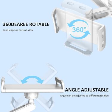 Підголівник для заднього сидіння авто, обертається на 360°, регульований, тримач для планшету/телефону, сумісний з усіма планшетами 4'-11', телефонами, iPhone, iPad Air Mini, білий