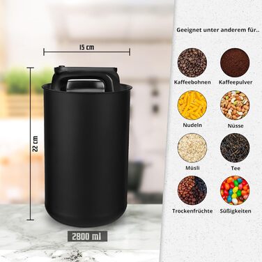 Кейсі для кави KC Kitchen & Co. – герметичний контейнер для 1 кг кавових зерен з нержавіючої сталі з вакуумним кришкою та захистом аромату – для кави, чаю, цукру, мюслі, чорний матовий (2800 мл)