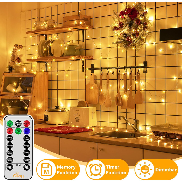Ланцюжок прикрас Ollny 20м, 200 LED, з пультом та таймером, 8 режимів, IP44, теплий білий