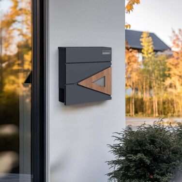 Поштова скринька настінна SCHARTEC SPB-8 антрацит з дерев'яним декором та відділенням для газет, велика, сучасний дизайн