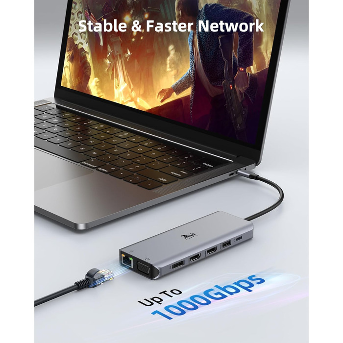 Док-станція USB-C для ноутбука з підтримкою 2 моніторів (Dual Monitor), 8 в 1: HDMI, DisplayPort, Ethernet, PD 100W, USB 3.0, сумісна з Dell, HP