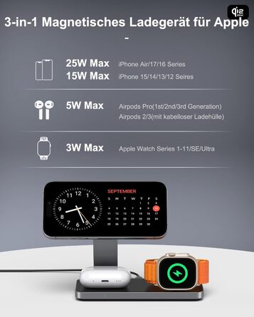 Бездротовий зарядний пристрій 25W MagSafe 3-в-1 для iPhone 17e/17/16/15/14/13/12/Air, Apple Watch та AirPods Pro - чорний