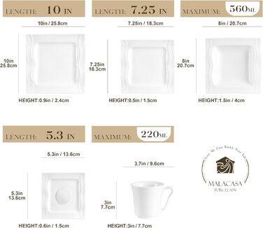 MALACASA 30-Piece Porcelain Dinnerware Set - Classic White Dinner Set with Coffee Cups, Saucers, Dessert Plates, Soup Bowls & Dinner Plates