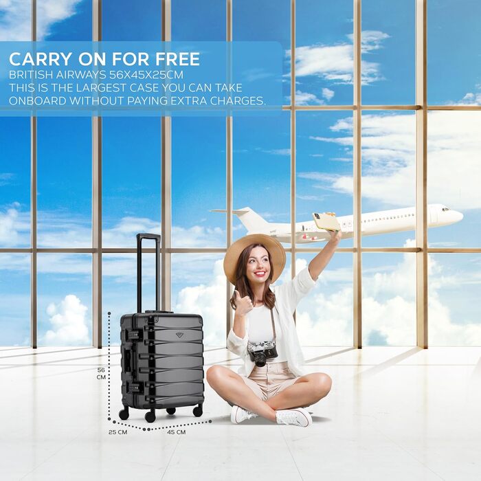 Чемодан Flight Knight Premium: Алюмінієвий каркас, ABS корпус, 8 коліс, 56x45x25см, Чорний