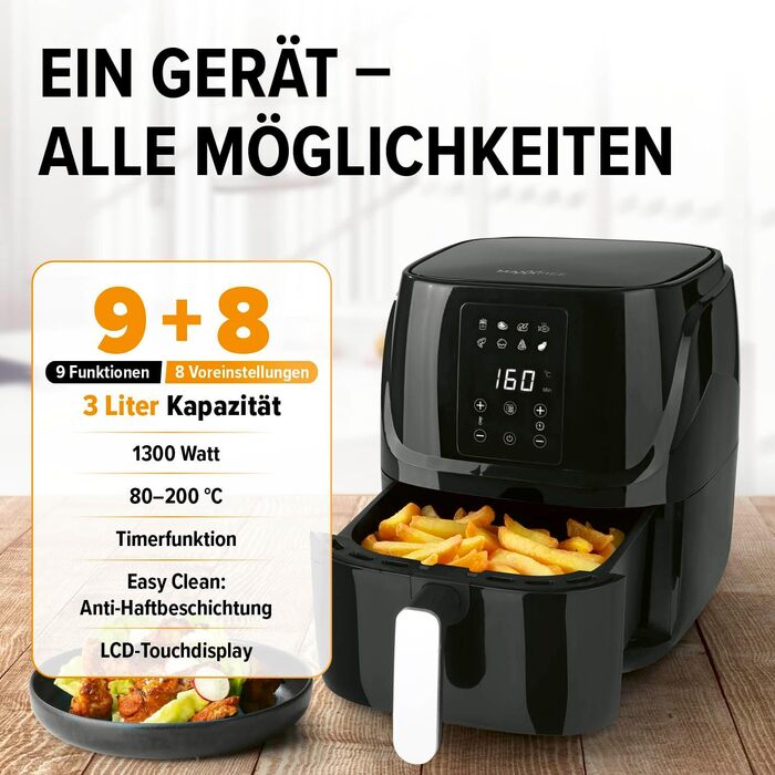 MAXXMEE Цифрова аерофритюрниця 3 л, 1300 Вт, 8 програм, гриль, конвекційна піч, таймер, багатофункціональна (фритюрниця, гриль, випічка, розморожування, підігрів, збереження тепла)