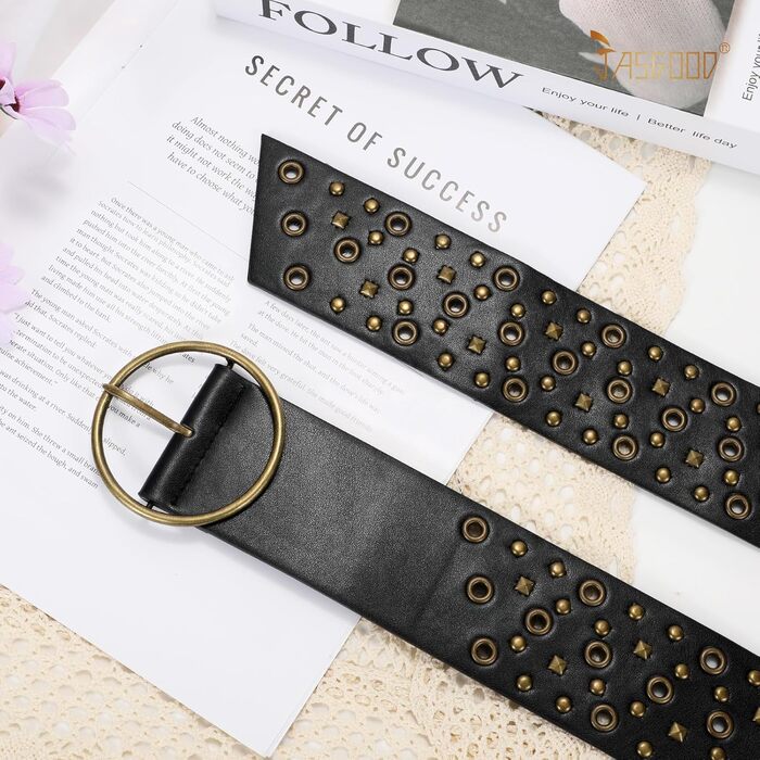Жіночий широкий пояс JasGood з прорізними заклепками та круглою застібкою, пояс з заклепками, пояс для талії, для джинсів, штанів, суконь, чорний, розмір S (об'єм талії до 88 см)
