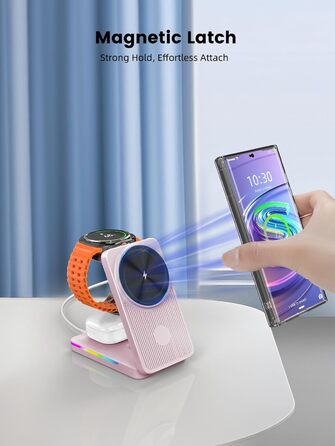 Магнітна зарядна станція 3-в-1 для Samsung Galaxy S26 Ultra, S25, Z Fold 7, Z Flip 7, Galaxy Watch Ultra 8/7/6, Buds Pro 3 (Рожева) - Бездротова зарядка Magsafe
