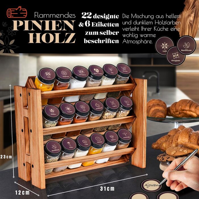 Elegant dark spice rack, wood standing & wall-mounted, 18 spice jars, 25 labels. Spice organizer, spice rack, kitchen shelf, wood, vintage. Spice rack - spice rack system hanging - spice storage (pine wood)