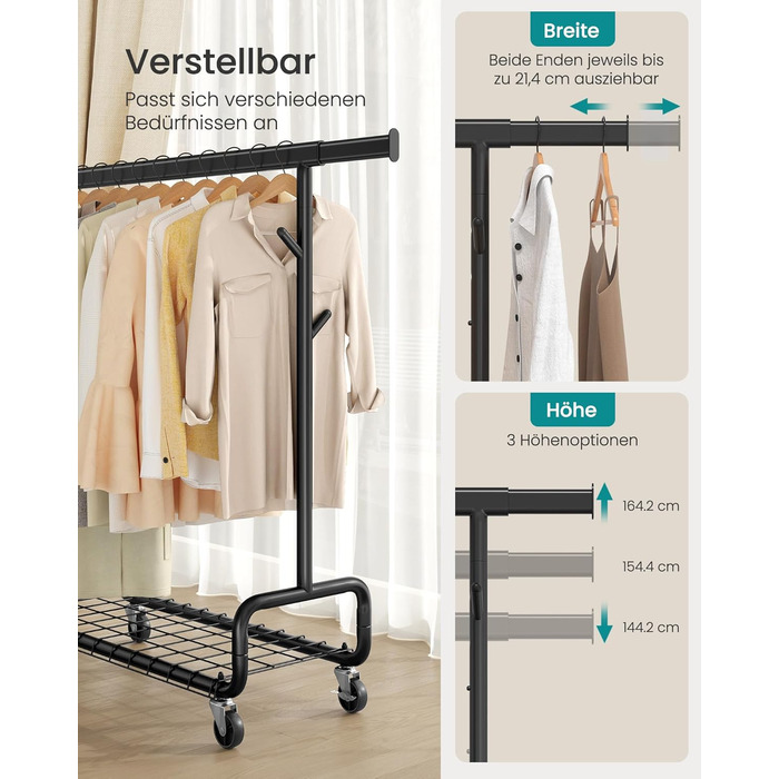 SONGMICS Стійка для одягу на коліщатках, важка, з висувними штангами, регульована висота, з полицею та гачками (HSR015B01, Чорний)