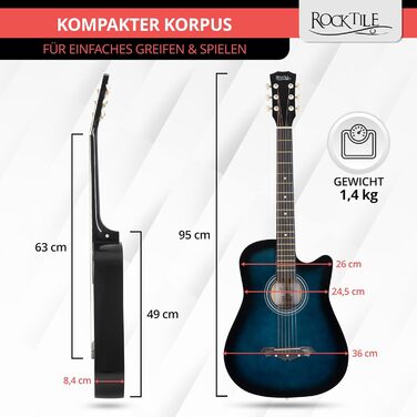 Rocktile WSD-5C-BUB: Акустична гітара Вестерн Slim Line - Комплект з чохлом, струнами, ремінком та медіатором - Blueburst
