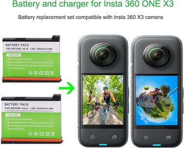 2 x Акумулятори Insta360 2800mAh з зарядним пристроєм USB-C, сумісні з Insta360 Action Camera (X3), з Micro SD слотами