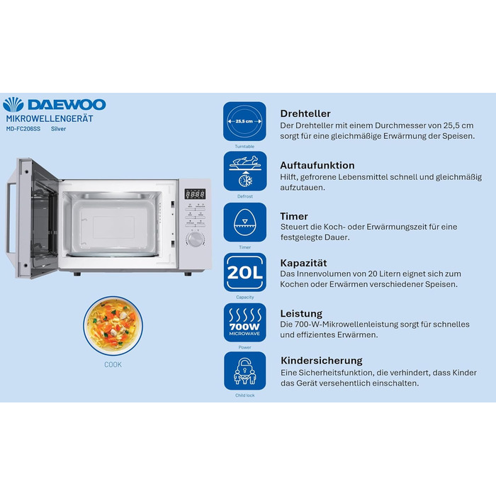 Мікрохвильова піч Daewoo MD-FC206SB 20L, 700W, чорний колір (Solo, срібло)
