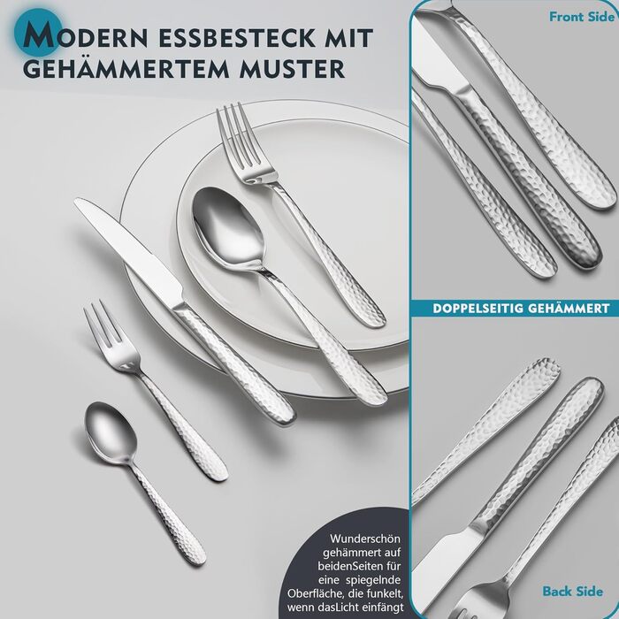 Набір столових приборів EIUBUIE 30 предметів з нержавіючої сталі, молоткова текстура, для 6 осіб. Столові прибори з ножами, вилками та ложками, поліровані, для дому та вечірок, можна мити в посудомийній машині, сріблястий колір.