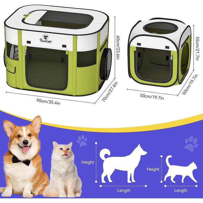 Pawaboo Розкладний вольєр для тварин, переносна клітка для собак та котів, зелений, 90x70x60 см (3-в-1)