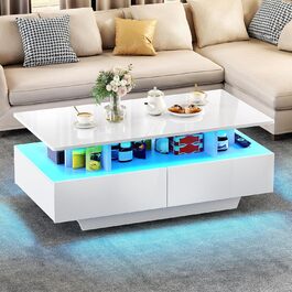 Журнальний стіл YITAHOME білий, глянець, з LED-підсвіткою 16 кольорів, сучасний стіл для вітальні з відкритою полицею і 4 висувними шухлядами, 90x55x41,1 см
