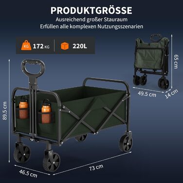 Візок складний вантажний 220L, 172-200 кг, з колесами 360°, сталевий каркас, 600D Oxford PVC, зелений - для кемпінгу, саду, пляжу