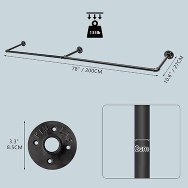 Wall-Mounted Clothes Rack 200cm Pipe Clothes Rail Industrial Style Wall Hangers Detachable Metal Clothes Rod Wardrobe Rail Bedroom for Hallways Living Room Bedroom