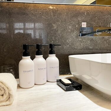 Набір диспенсерів для мила, шампуню та гелю для миття: 3 шт., 500 мл, без свердління, настінний монтаж, етикетки в комплекті, янтарний колір (чорна пляшка + біла помпа)