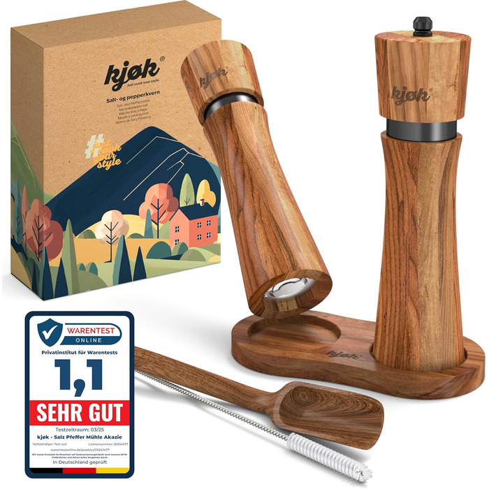 köc Premium Salt and Pepper Mill - Solid Acacia Wood with Coaster, Cleaning Brush and Funnel - Wooden Mill Set with Ceramic Grinder - Salt and Pepper Mill Father's Day Gift