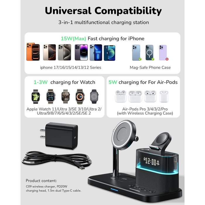 Багатофункціональний бездротовий зарядний пристрій 5 в 1 з годинником для Apple iPhone, Apple Watch, AirPods. Білий/Коричневий