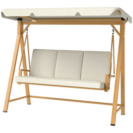 Outsunny Hollywood Swing with Adjustable Sun Canopy and Seat Cushion, Wood-Look 3-Seater Garden Swing, Load Capacity up to 330kg, Swing Bench for Garden, Terrace 198 x 120 x 170cm, Beige | Aosom