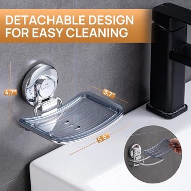 Тримач для мила LEVERLOC з піддоном, місткість до 3 кг, настінний, без свердління, з присосками, для ванної кімнати та кухні, білий (1 ступінь хромована сталь)